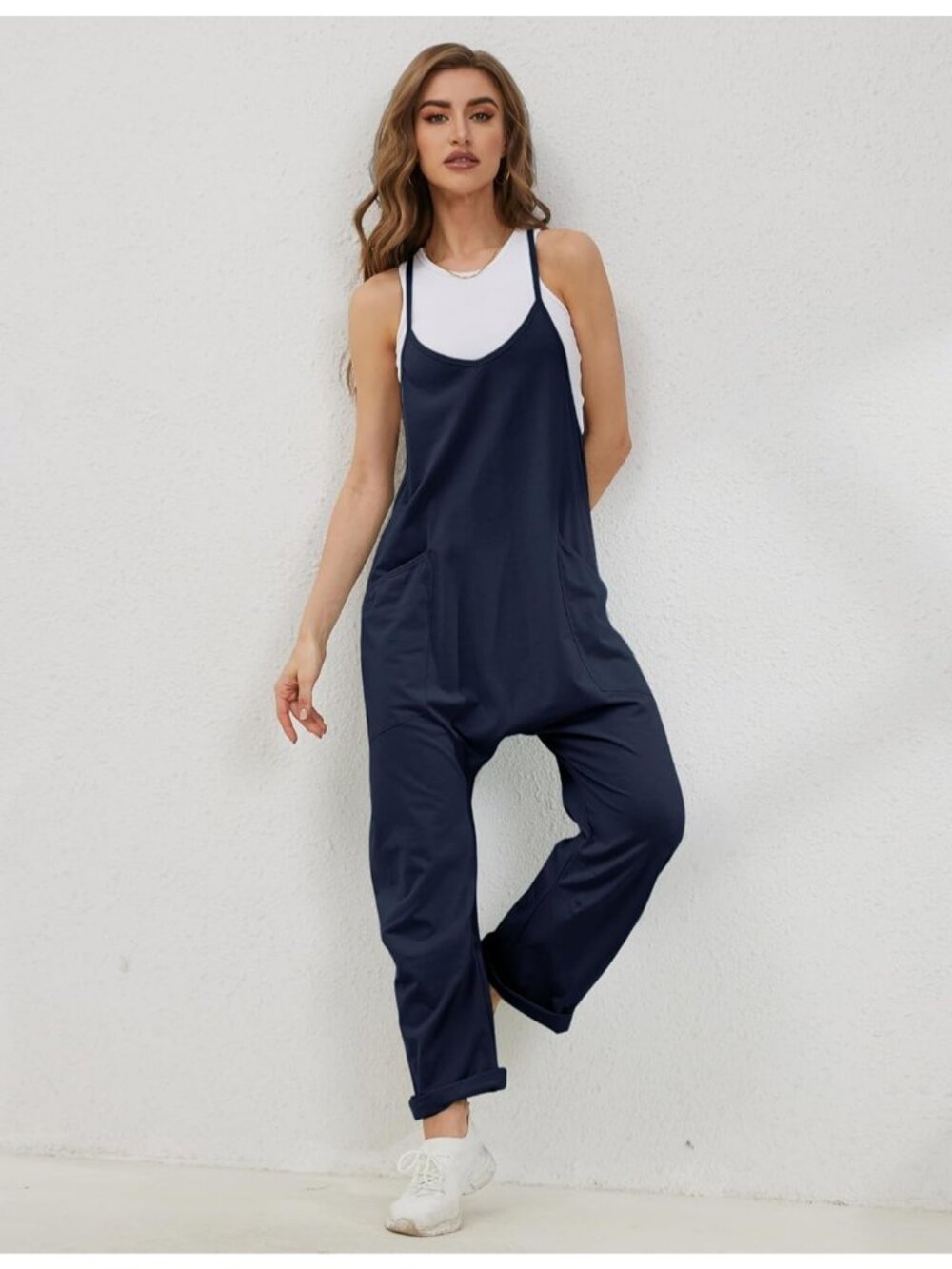 Women's Dark Blue V Neck Sleeveless Overalls Stretchy Adjustable Strap Romper - Picture 2 of 6